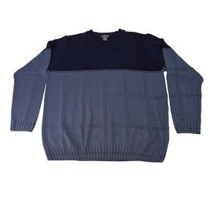 Cortina Men V Neck Long Sleeve Sweater Blue Gray Plaid Knit Size L